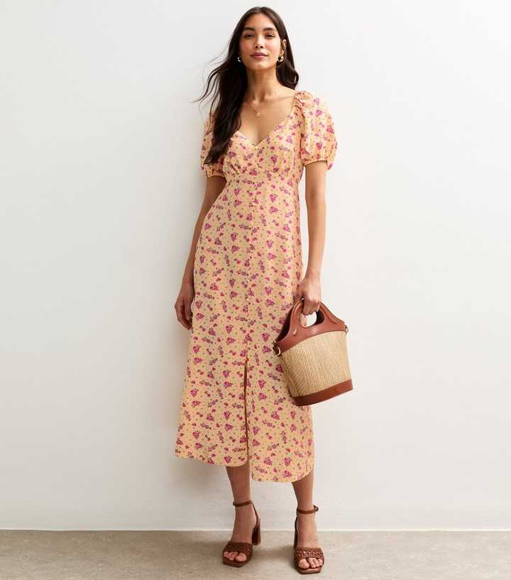 Yellow Floral Print Puff Sleeve Midi Dress