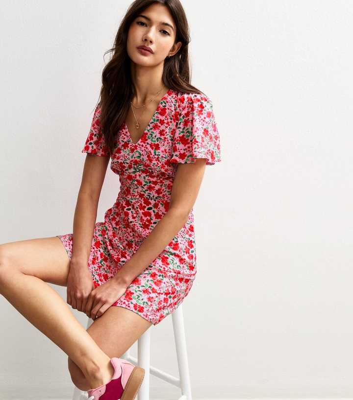 Pink Floral Print V-Neck Mini Dress
