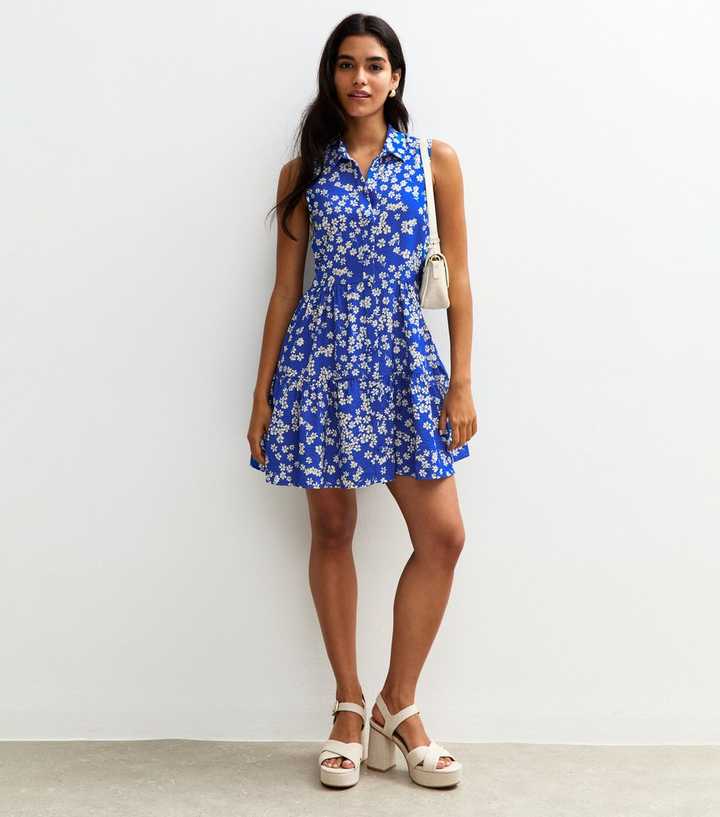 Blue Floral Print Button Up Tiered Mini Dress