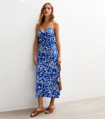 Blue Floral Print Strappy Ruffle Trim Midi Dress | New Look
