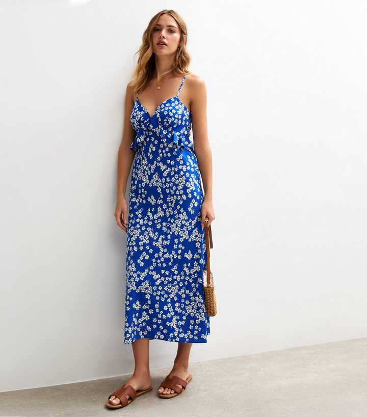 Blue Floral Print Strappy Ruffle Trim Midi Dress