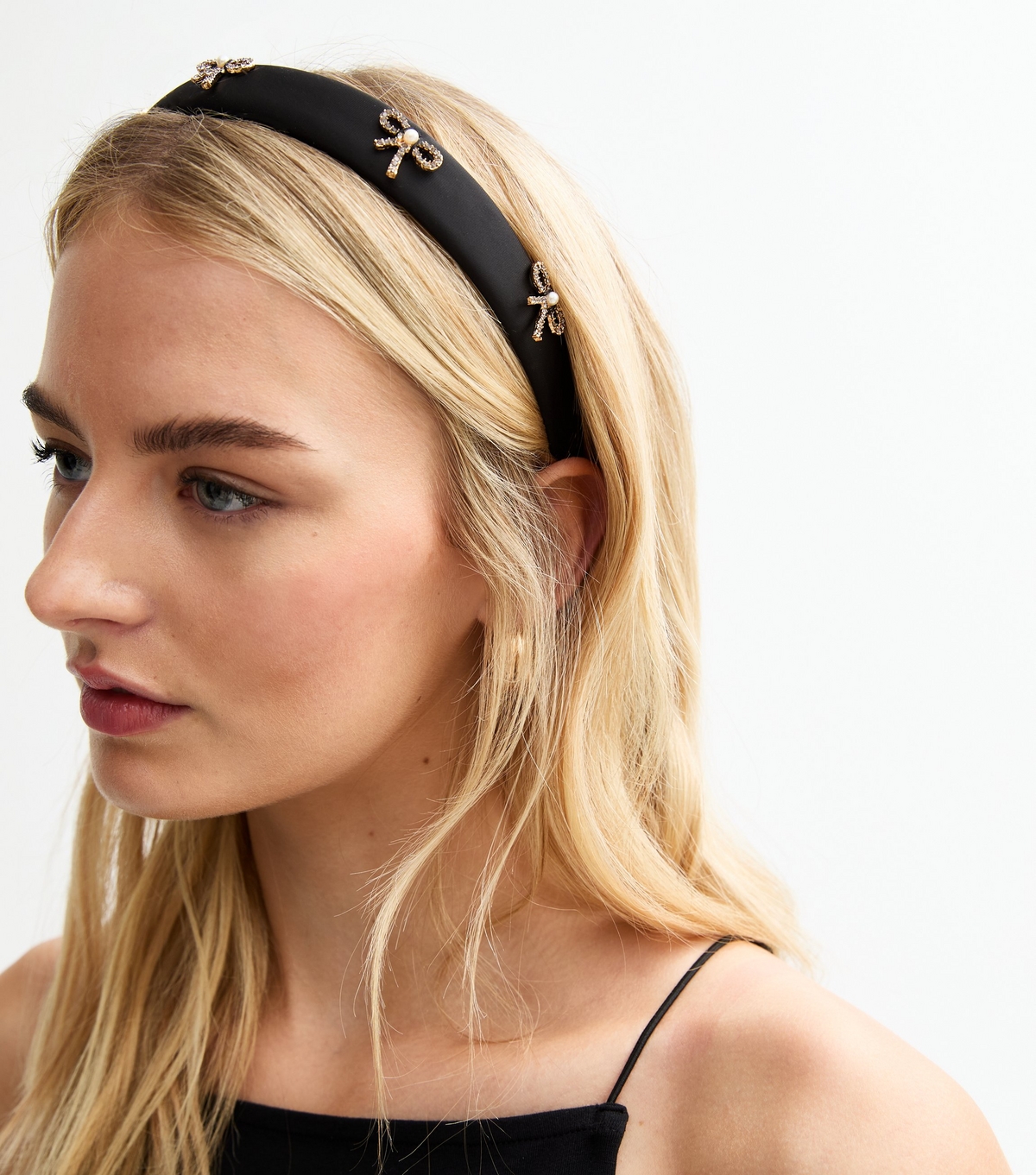 Black Satin Diamanté Bow Embellished Headband New Look