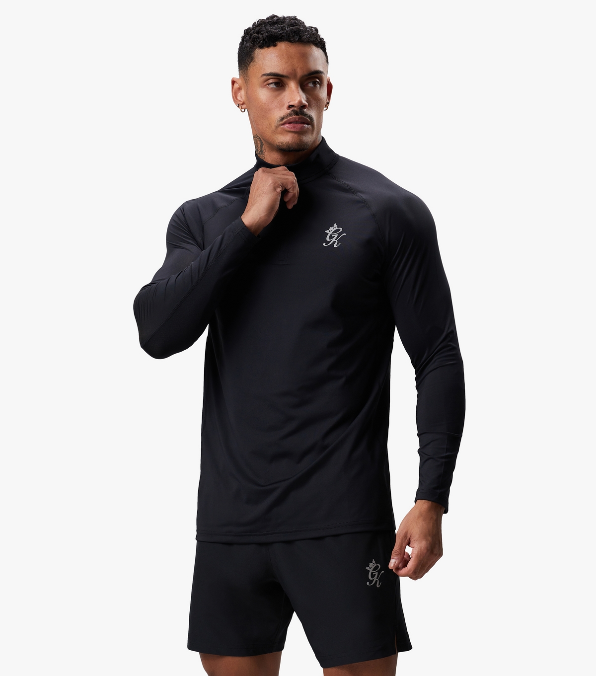 Men's Black Quarter Zip Funnel Neck Top Gym King New Look