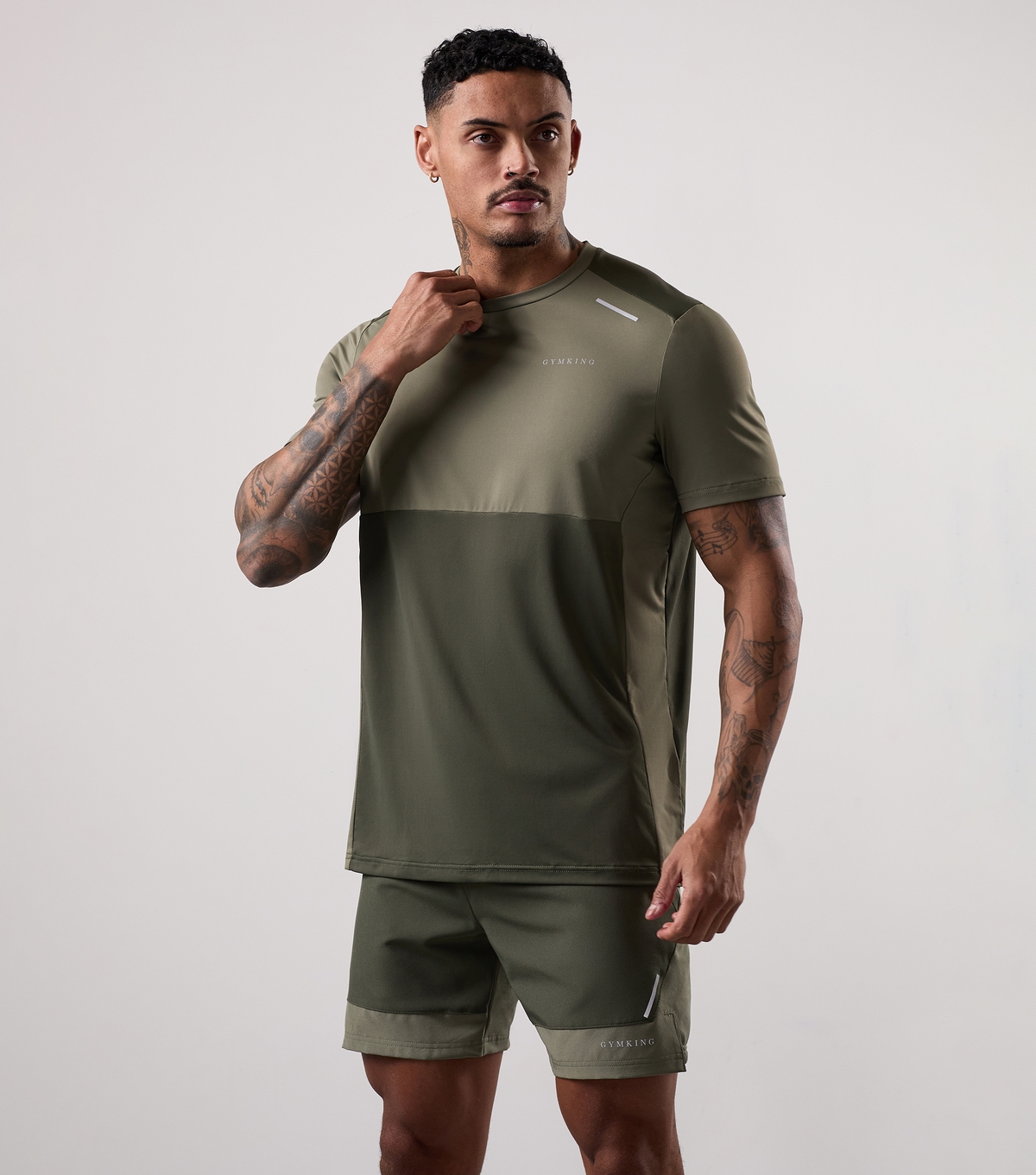 Men's Olive Green Advance Panelled T-Shirt Gym King New Look