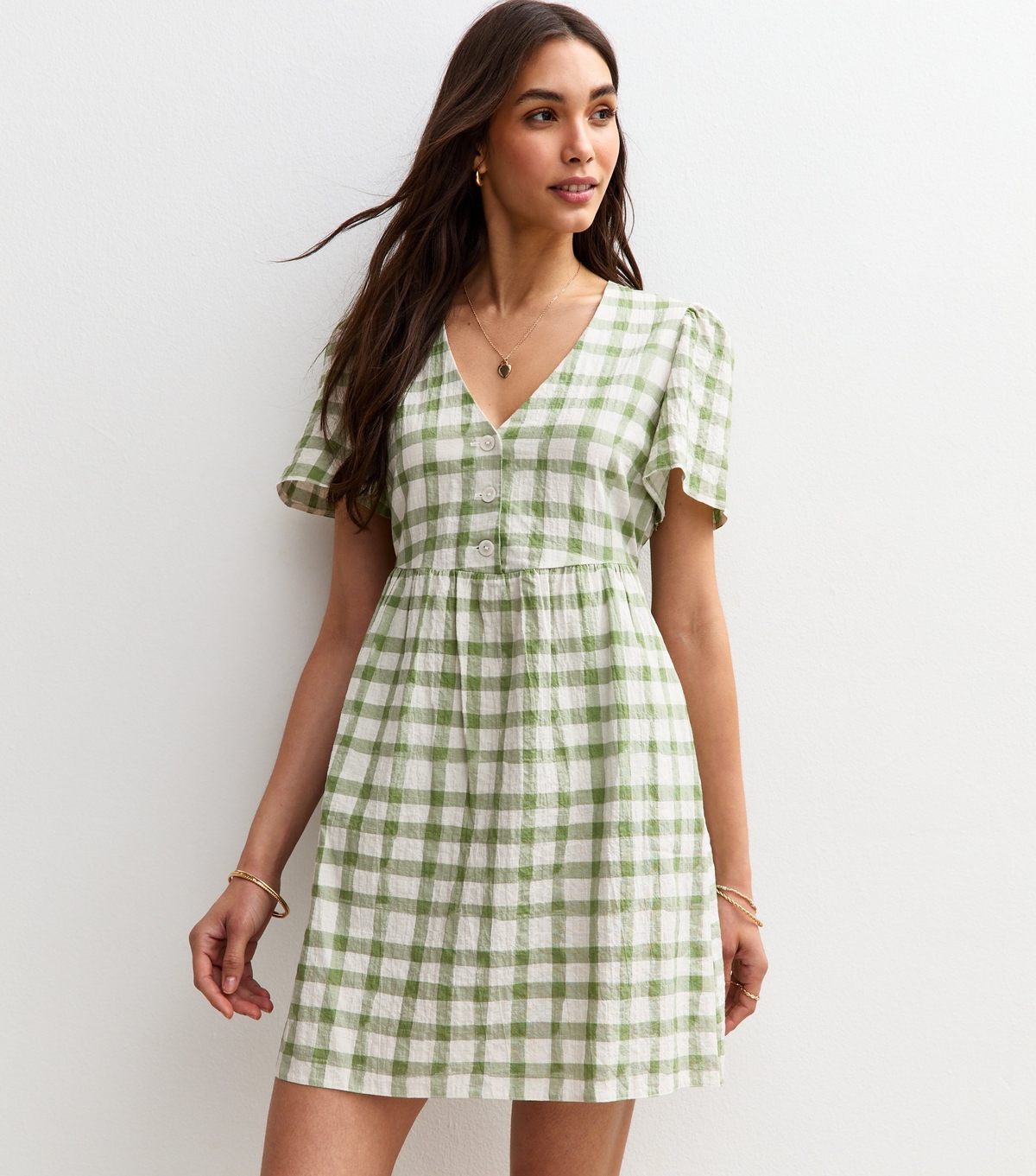 Women's Green Gingham Check Flutter Sleeve Mini Dress New Look