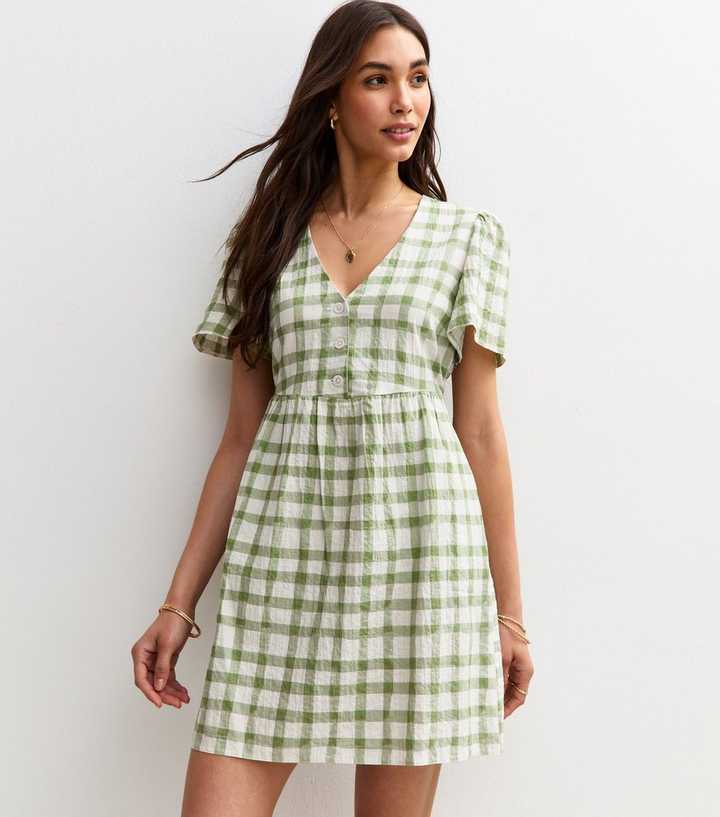 Green Gingham Check Flutter Sleeve Mini Dress