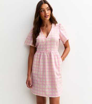 Pink Gingham Check Flutter Sleeve Mini Dress