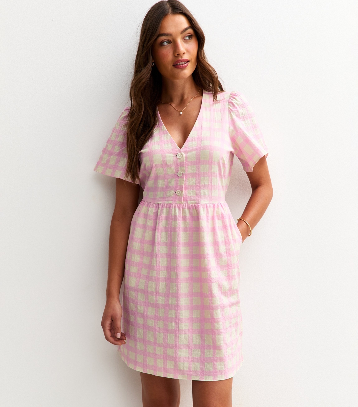 Women's Pink Gingham Check Flutter Sleeve Mini Dress New Look
