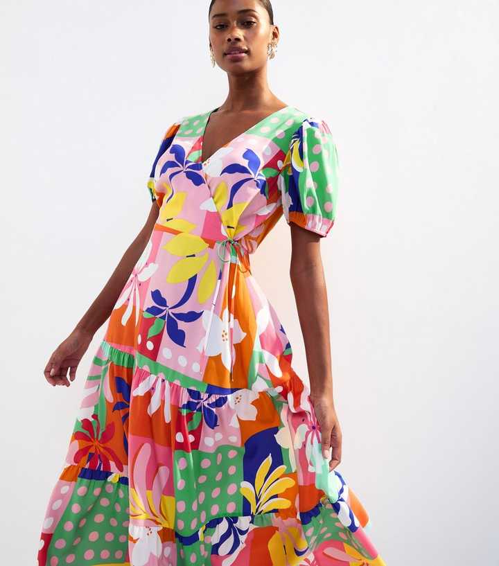 Multicoloured Patchwork Print Wrap Style Midi Dress