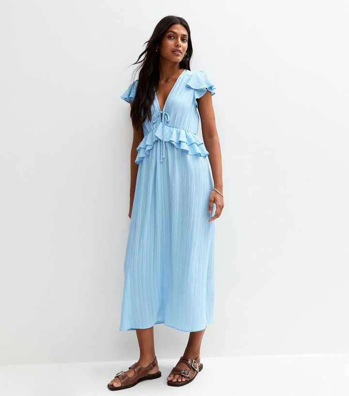Blue Frilly Trimmed Chiffon Midi Dress