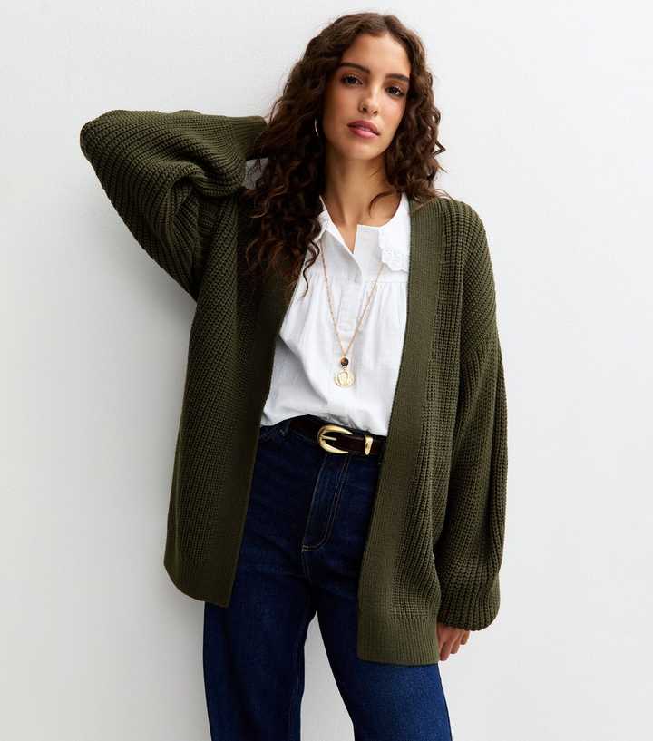 Tall Dark Khaki Ribbed Knit Balloon Sleeve Long Cardigan New Look