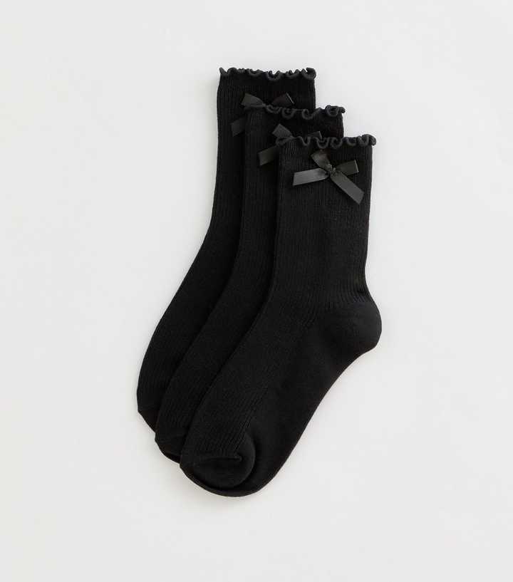 Girls Black Ribbed Bow Trim Frill Socks