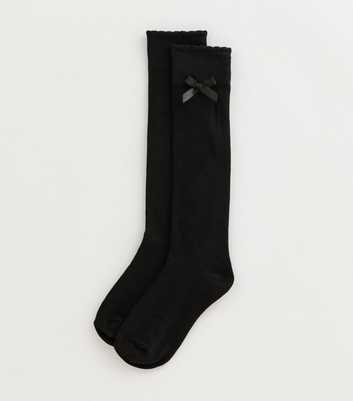 Girls Black Bow Trim Knee High Socks