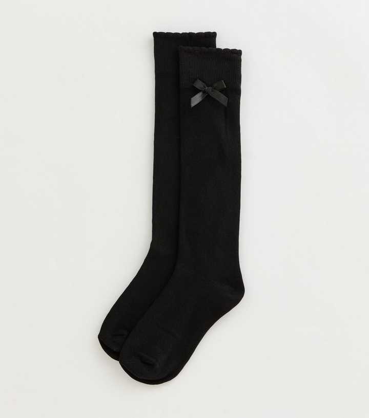 Girls Black Bow Trim Knee High Socks