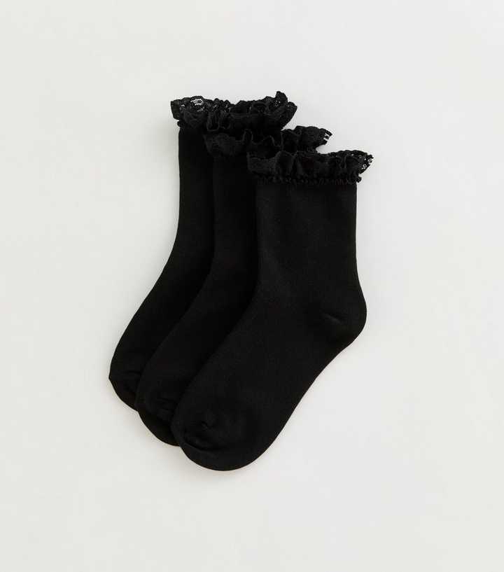 Girls Pack of 3 Black Frill Trim Cable Socks