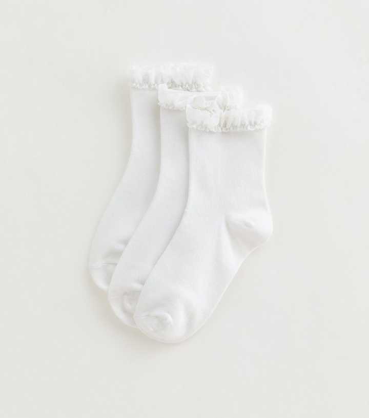 Girls Pack of 3 White Frill Trim Cable Socks