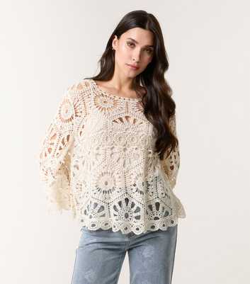 Blue Vanilla Stone Crochet Knit Flare Sleeve Top