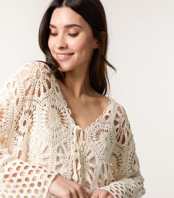 Blue Vanilla Stone Crochet Knit Long Sleeve Cardigan New Look