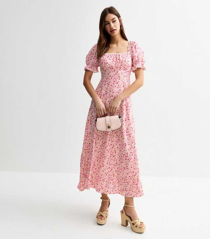 Pink Floral Print Milkmaid Midi Dress