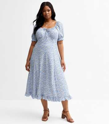 Curves Blue Floral Print Midi Dress