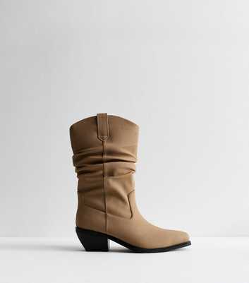 Camel Faux Suede Cuban Heel Slouched Ankle Boots
