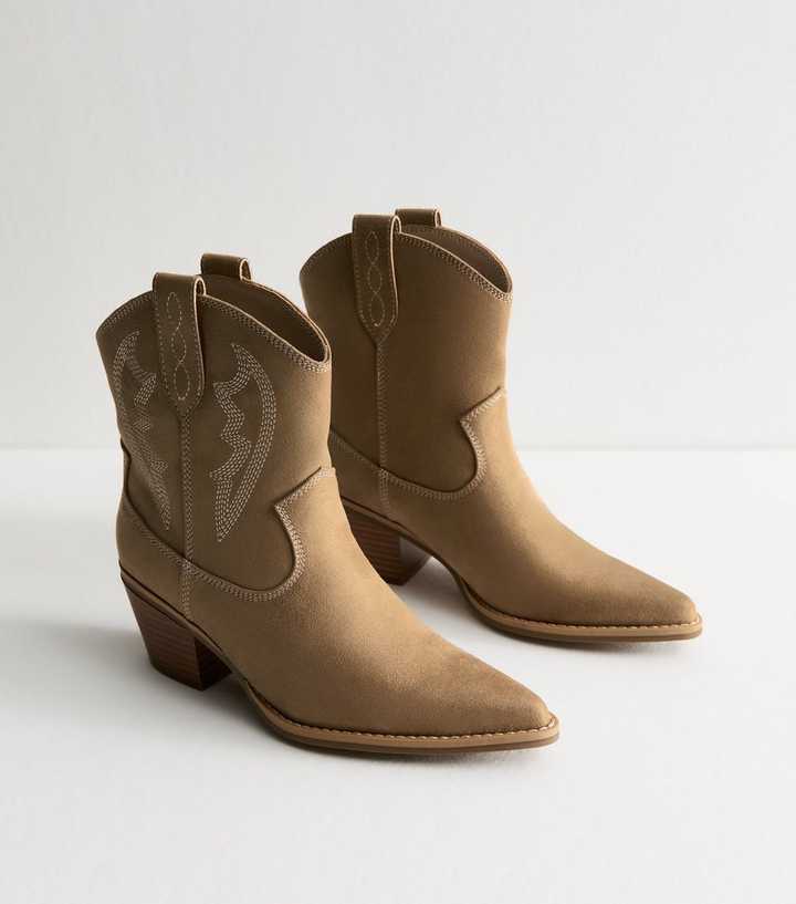 Camel Faux Suede Western Embroidered Ankle Boots