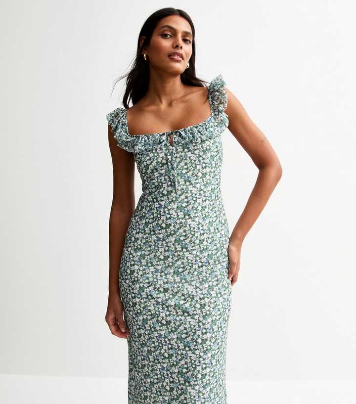 Green Ditsy Print Frill Trim Mesh Midi Dress