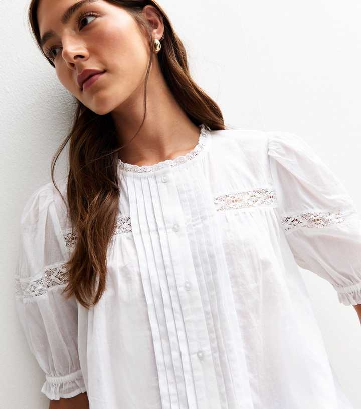 White Cotton Pintuck Lace Trim Shirt