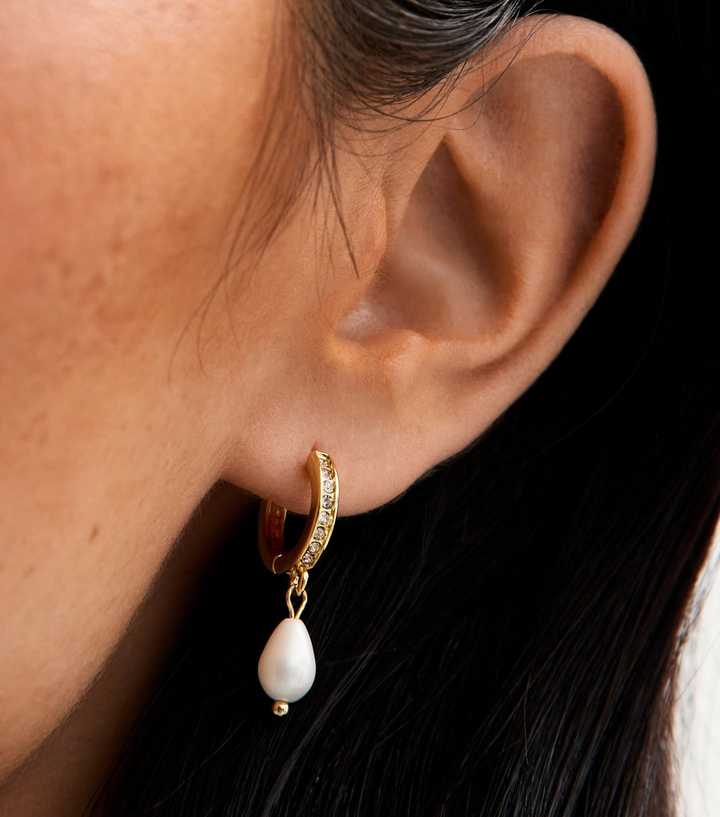 18ct Gold Plated Faux Pearl Drop Diamante Embellished Hoop Earrings
