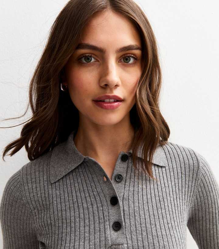 Grey Ribbed Buttoned Short Sleeve Knit Polo Shirt