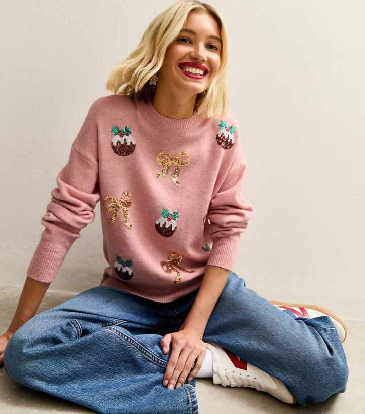 Pink Sequin Bow and Pudding Christmas Jumper