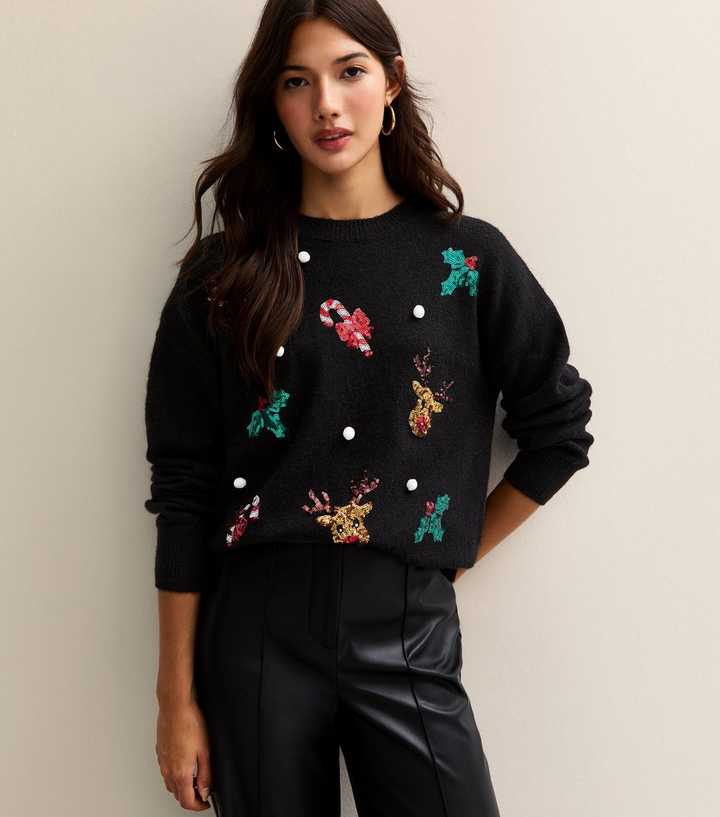 Black Christmas Sequin Appliqué Christmas Jumper