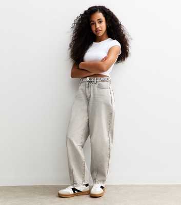 Girls Dark Grey Tab Detail Balloon Leg Jeans