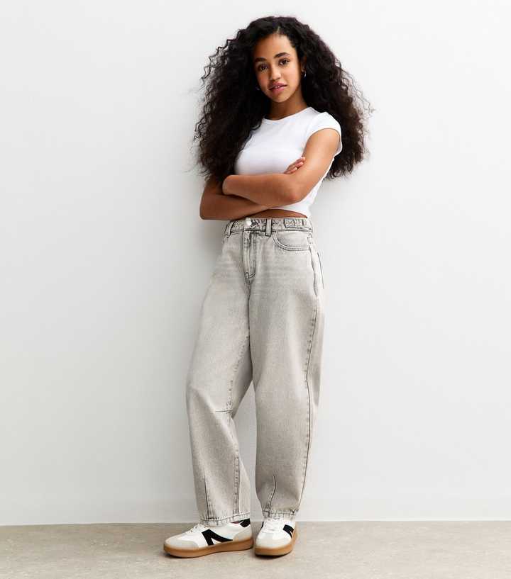 Girls Dark Grey Tab Detail Balloon Leg Jeans New Look