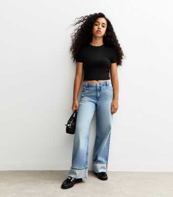 Girls Blue Wide Leg Turn Up Jeans