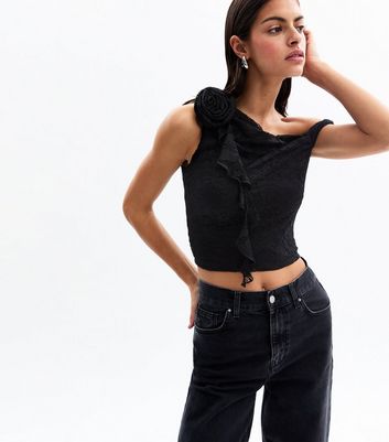 Black Lace Corsage Frilly Trim Off The Shoulder Top | New Look