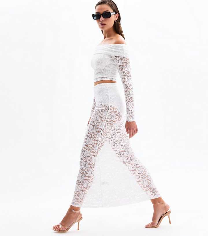 White Lace Fishtail Hem Maxi Skirt