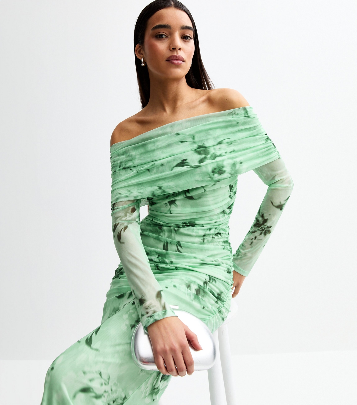 Women's Green Floral Print Mesh Bardot Midi Dress New Look