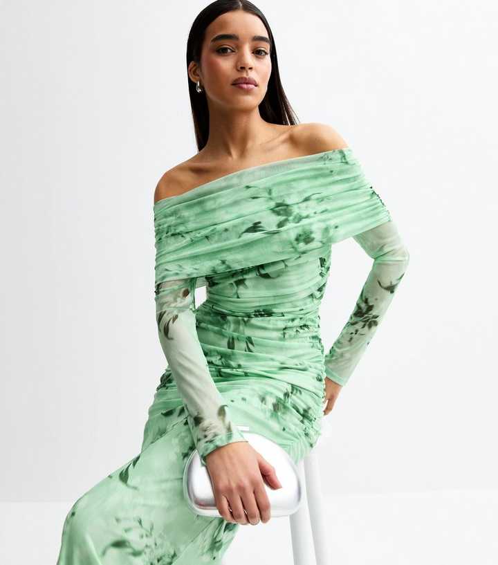 Green Floral Print Mesh Bardot Midi Dress | New Look Green Floral Print Mesh Bardot Midi Dress | New Look