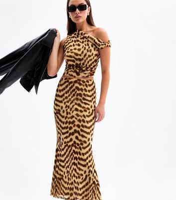 Brown Leopard Print Mesh Midi Skirt