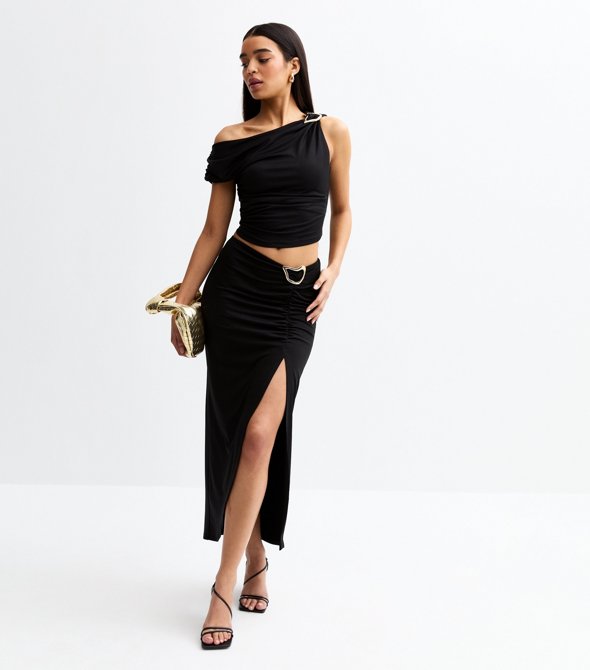Women's Black Hardware Detail Side Slit Gathered Midi Skirt New Look