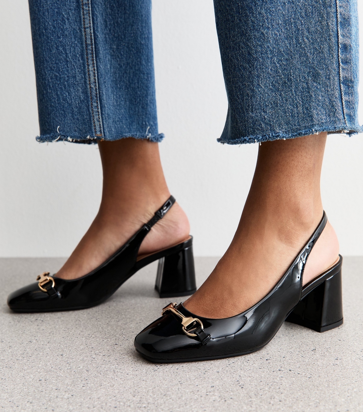 Women's Black Faux Patent Snaffle Detail Block Heel Slingback Pumps Vegan New Look
