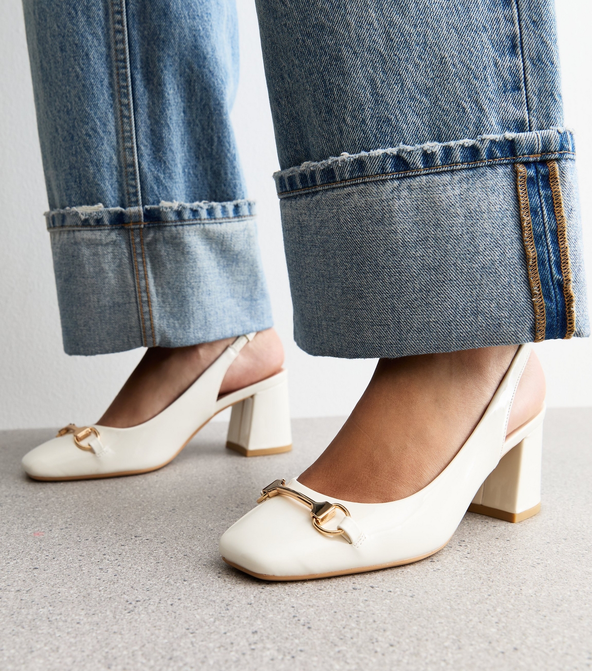 Women's Off White Faux Patent Snaffle Detail Block Heel Slingback Pumps Vegan New Look