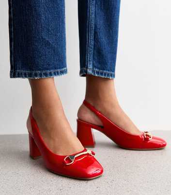 Red Faux Patent Snaffle Detail Block Heel Slingback Pumps