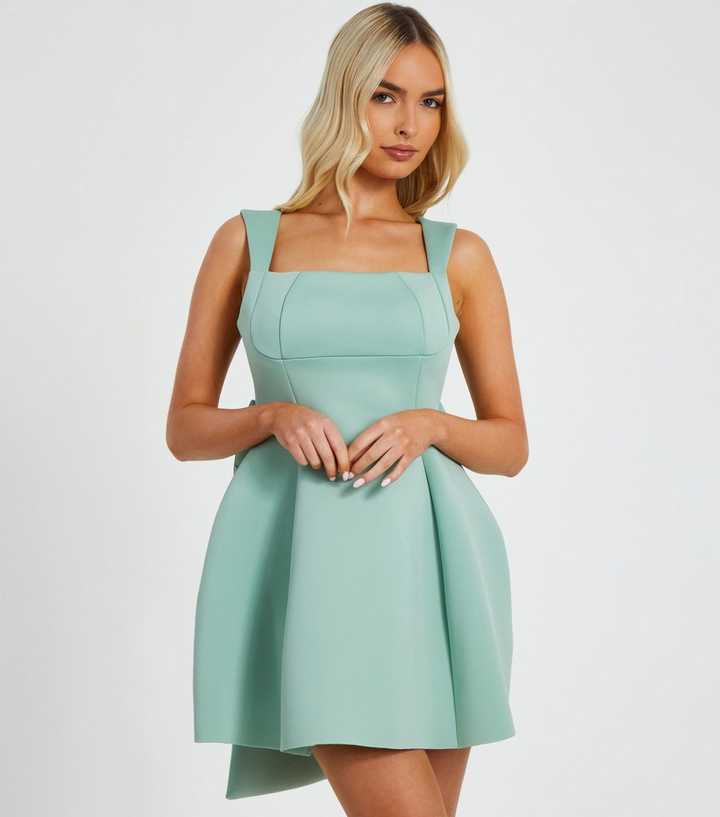QUIZ Green Back Bow Skater Dress