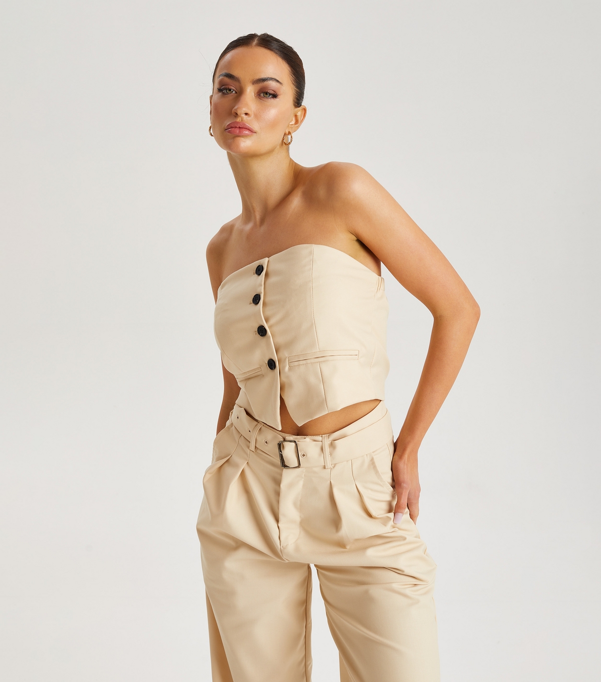 Women's Stone Button Front Corset Top Urban Bliss New Look