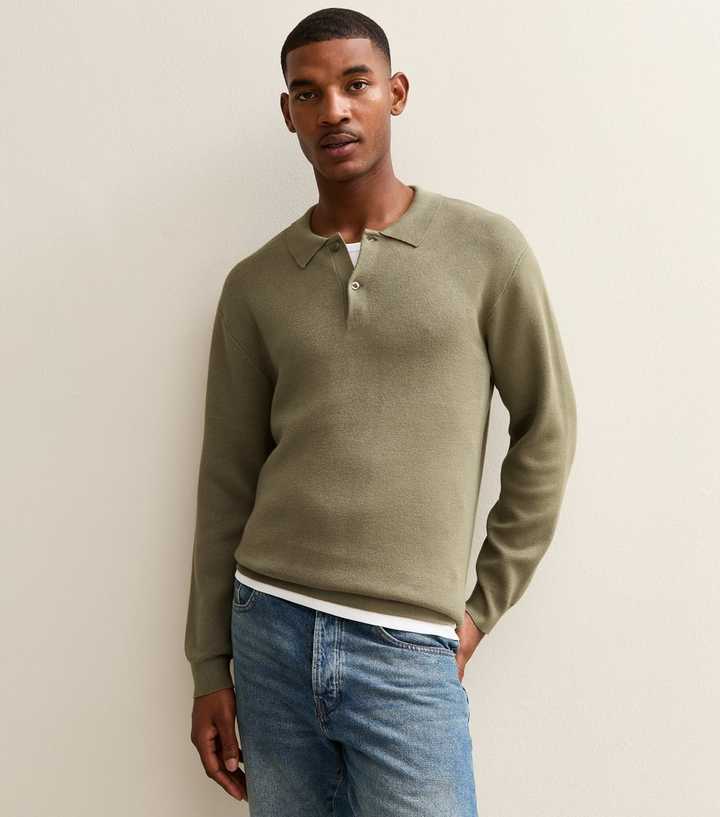 Khaki Relaxed Fit Long Sleeve Button Polo Shirt