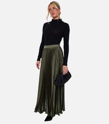 Gini London Olive Satin Pleated Maxi Skirt