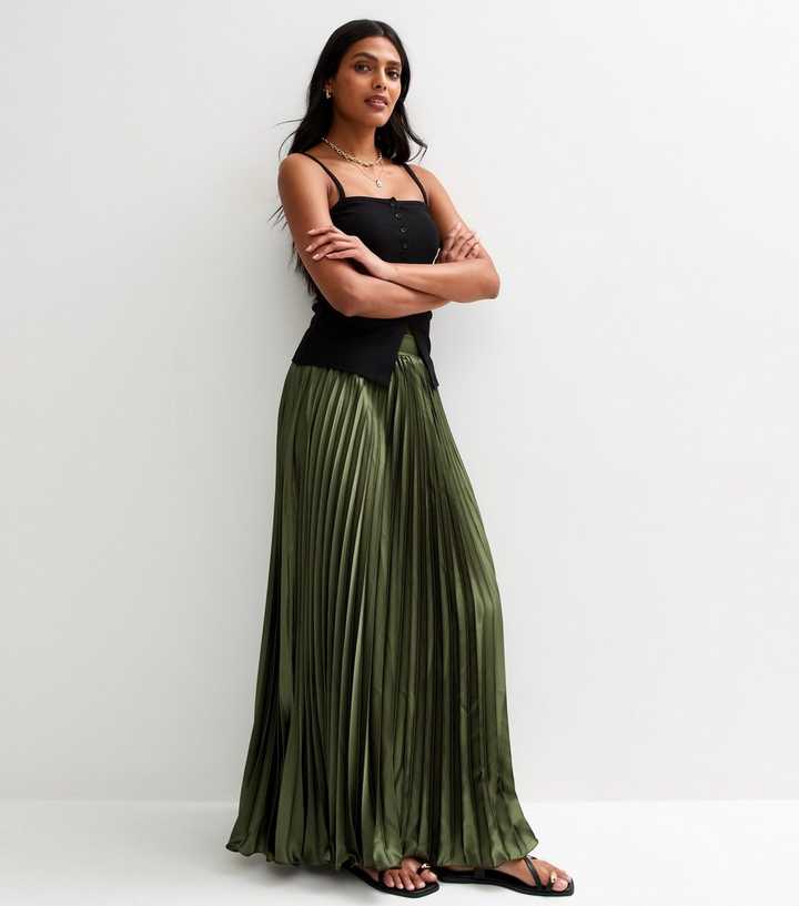 Gini London Olive Satin Pleated Maxi Skirt
