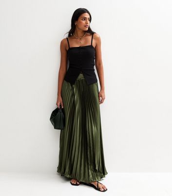 Maxi Skirt Green Pleated Skirt Petite Gini London Olive Satin